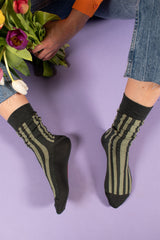 Socks without compression, cotton and wool, dark green with stripes