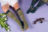 Compression stockings in organic cotton, Peony, dusty green - Wide calf