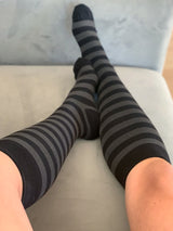 Cotton compression stockings, black and grey stripes