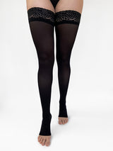 Medical stay-up compression tights with open toe, 140 denier, black