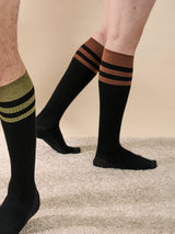 Bamboo compression stockings, black rib weave with rust red stripes