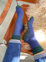 Bamboo compression crew socks, blue and green herringbone