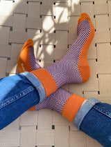Bamboo compression crew socks, pink and orange herringbone