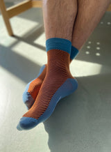 Bamboo compression crew socks, blue and orange herringbone