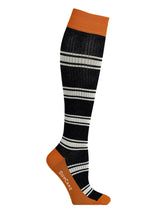 Bamboo compression stockings, black rib weave with orange and white stripes