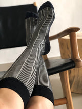 Cotton compression stockings, black herringbone with silver glitter