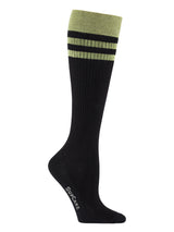 Bamboo compression stockings, black rib weave with green stripes