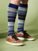 Bamboo compression stockings, blue with blue and curry stripes