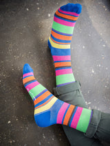 Cotton compression stockings, blue with multi stripes