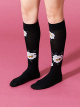 Cotton compression stockings, black with white roses