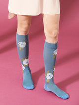 Cotton compression stockings, dusty blue with white roses