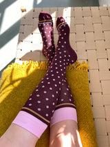 Bamboo compression stockings, bordeaux with pink dots
