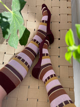 Cotton compression stockings, bordeaux indie stripes with gold glitter