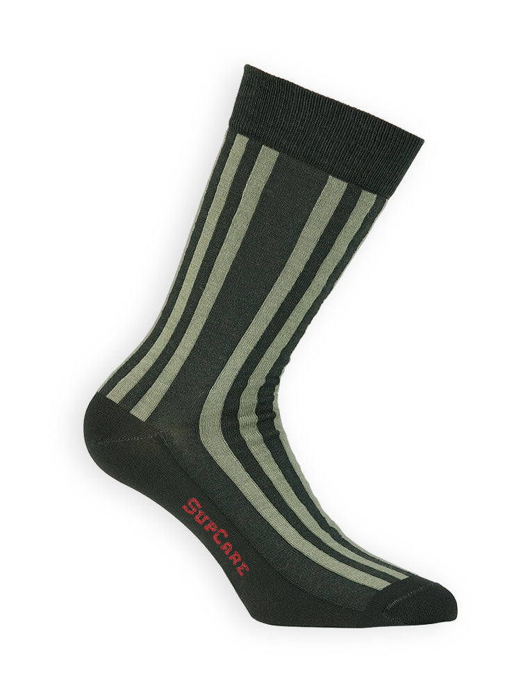 Socks without compression, cotton and wool, dark green with stripes