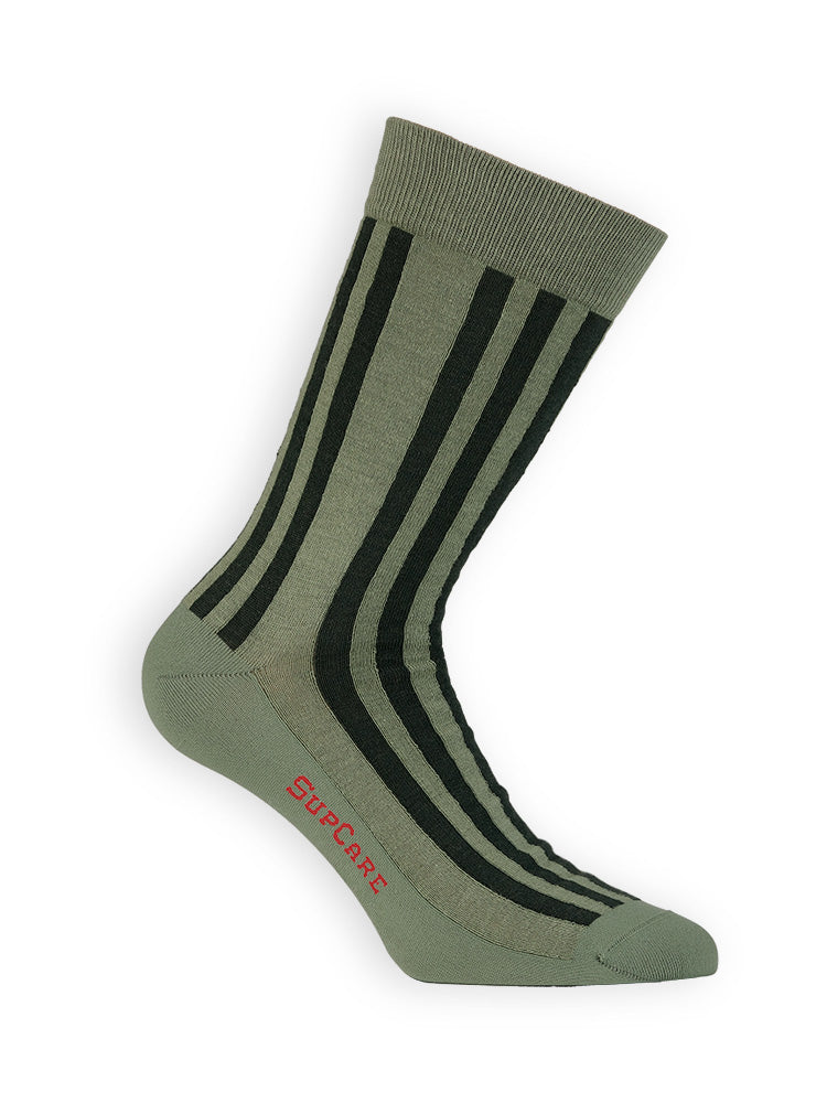 Socks without compression, cotton and wool, dusty green with stripes