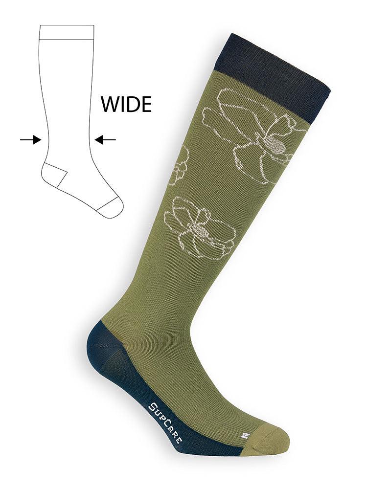 Compression stockings in organic cotton, Peony, dusty green - Wide calf