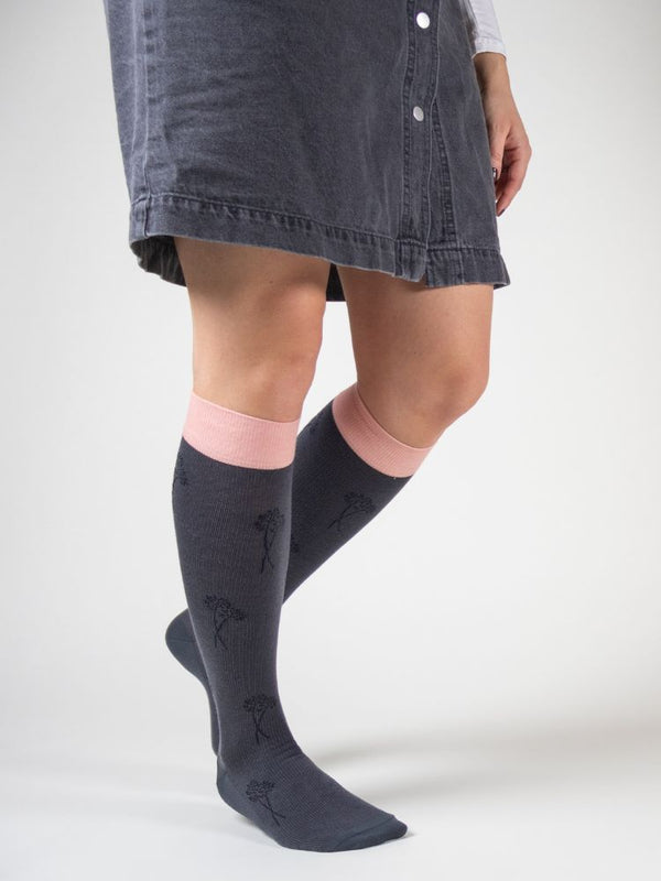 COMPRESSION STOCKINGS, WOOL AND COTTON, DARK GREY WITH FLOWERS