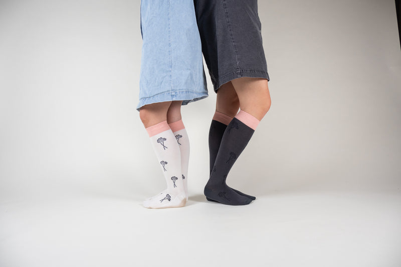 COMPRESSION STOCKINGS, WOOL AND COTTON, DARK GREY WITH FLOWERS