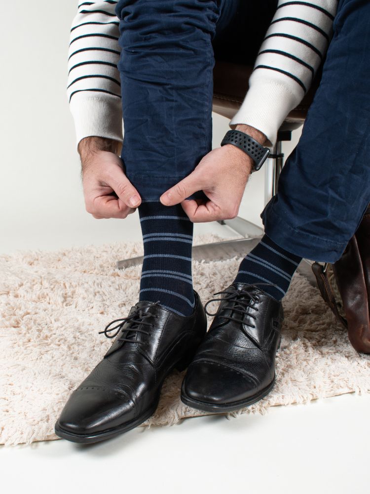 Bamboo compression stockings, Navy blue with stripes