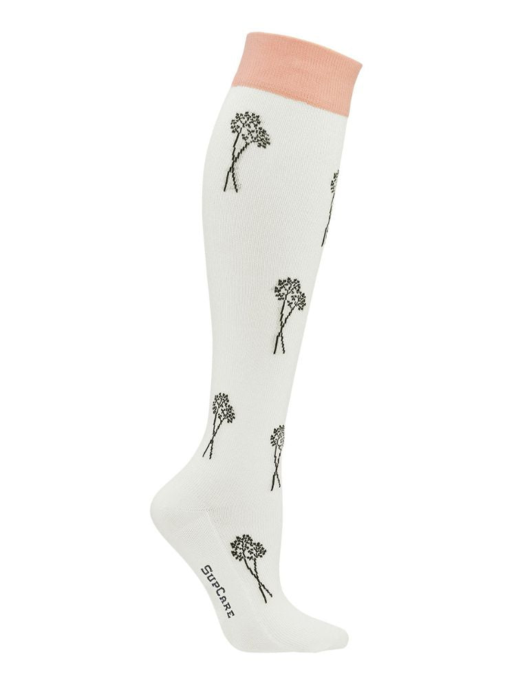 COMPRESSION STOCKINGS, WOOL AND COTTON, CREAM/ROSE WITH FLOWERS