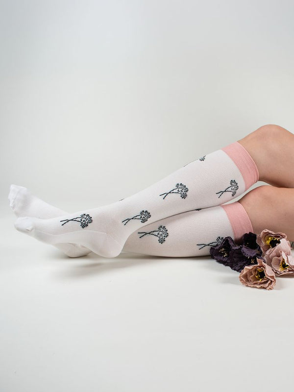 COMPRESSION STOCKINGS, WOOL AND COTTON, CREAM/ROSE WITH FLOWERS