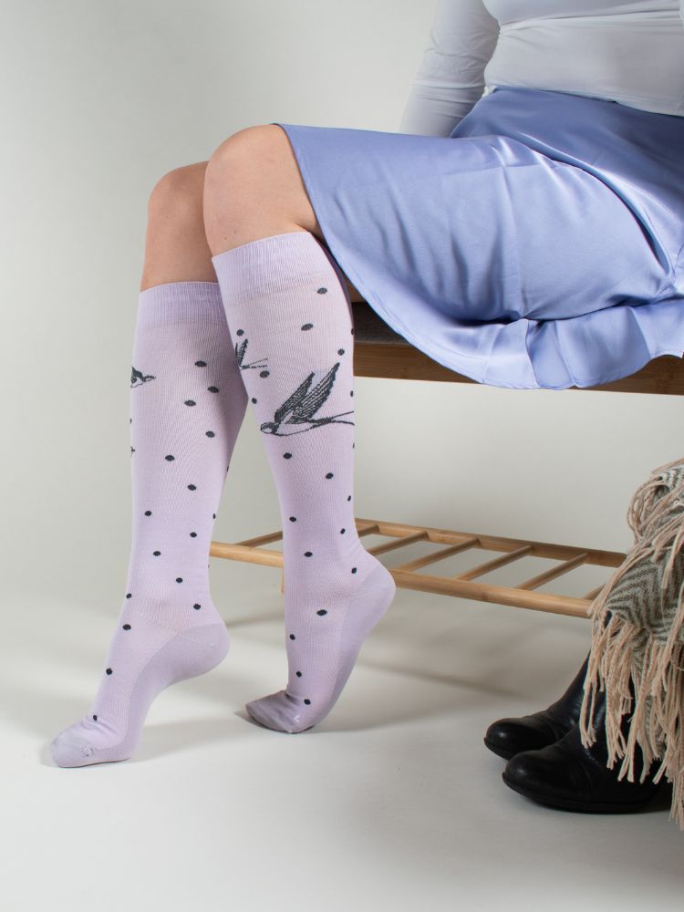 Compression Stockings Cotton, lilac with dots and swallows