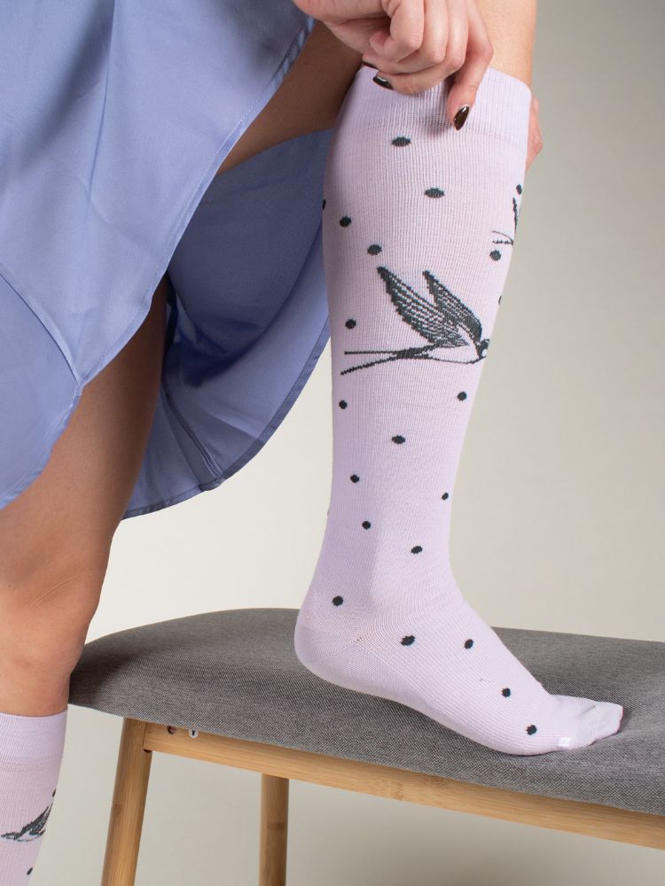 Compression Stockings Cotton, lilac with dots and swallows