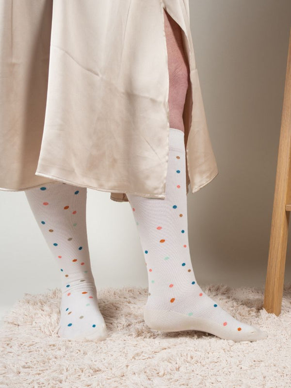 Bamboo compression stockings, Cream with dots, Wide Calf