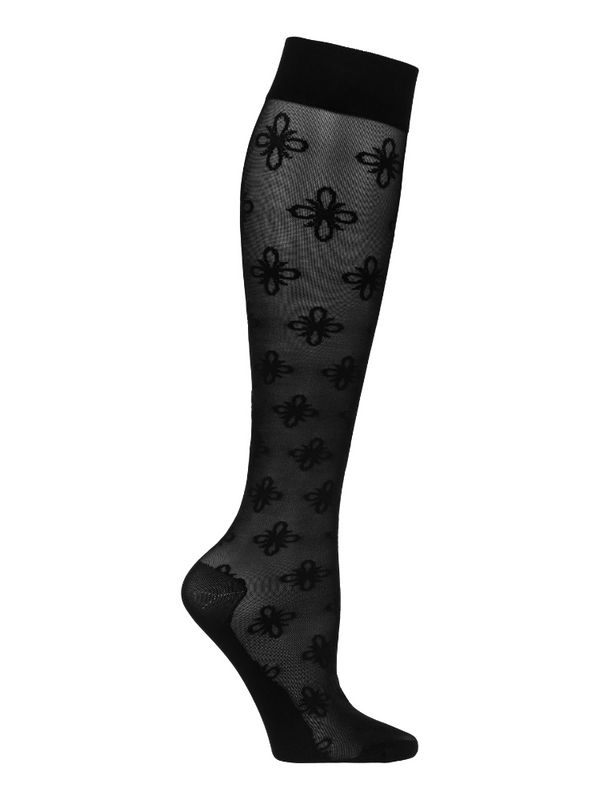 Nylon Compression Stockings, Black with Flowers
