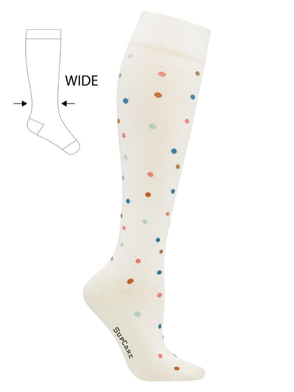 Bamboo compression stockings, Cream with dots, Wide Calf