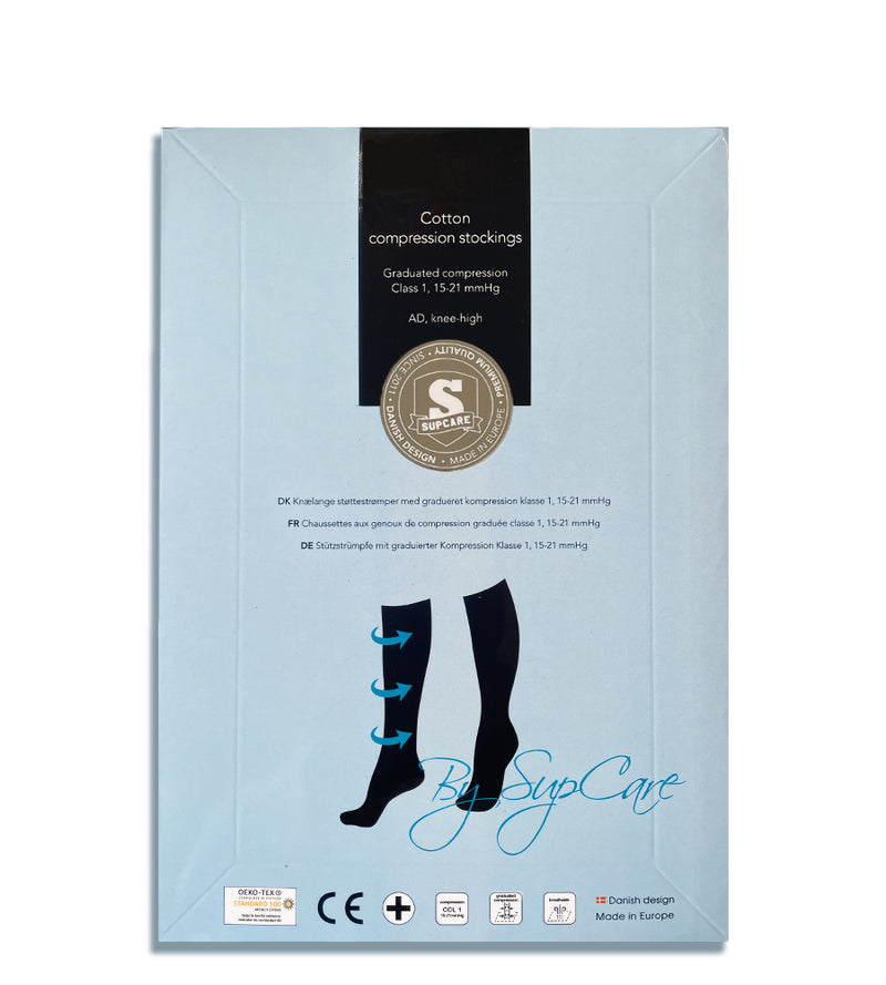 Compression Stockings with Merino Wool, Navy Blue with Mountain Peaks