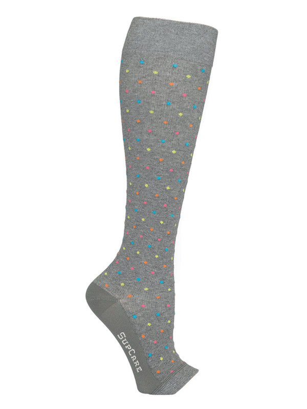 Cotton compression stockings, wide leg and open toe, grey with dots