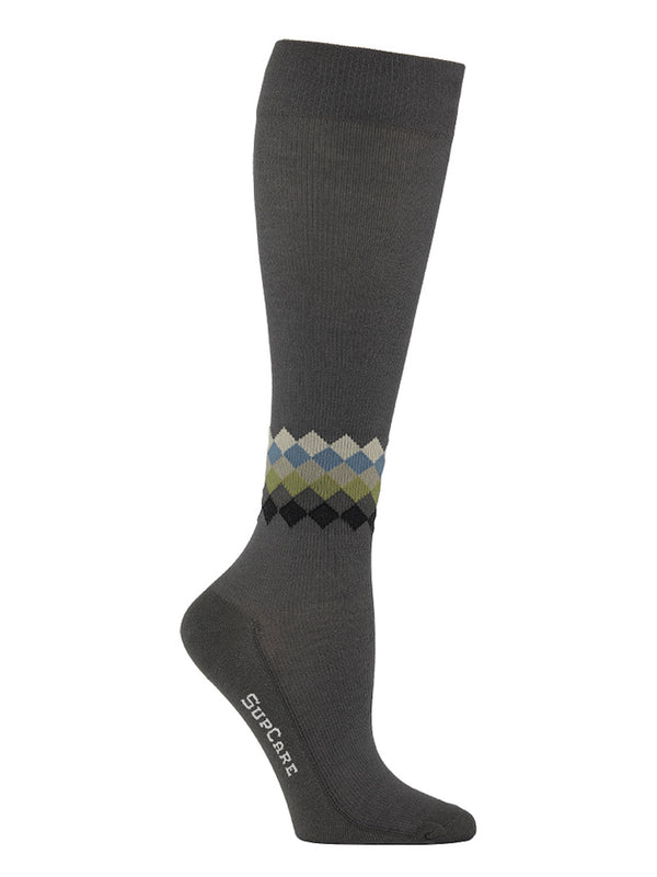 Wool compression stockings, dark grey with chequered ankle