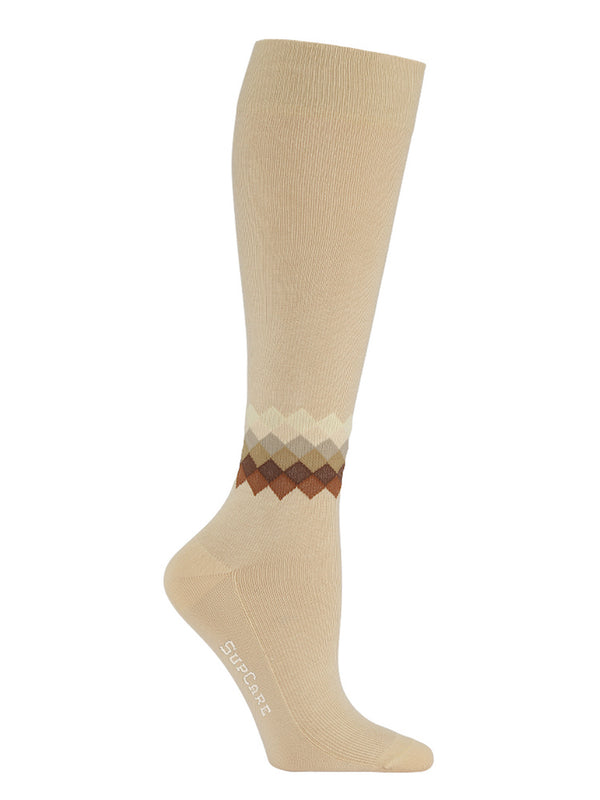 Wool compression stockings, beige with chequered ankle
