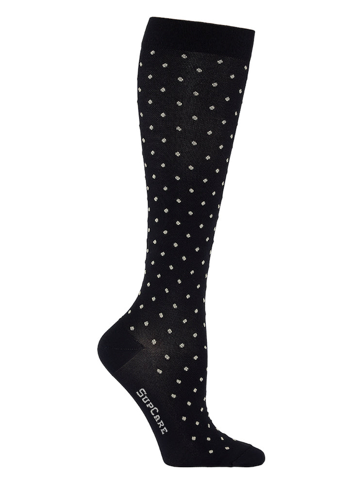 Meryl Skinlife compression stockings, black with white dots