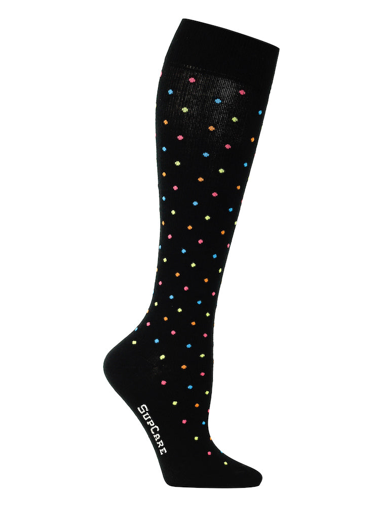 Cotton compression stockings, wide leg, black with dots