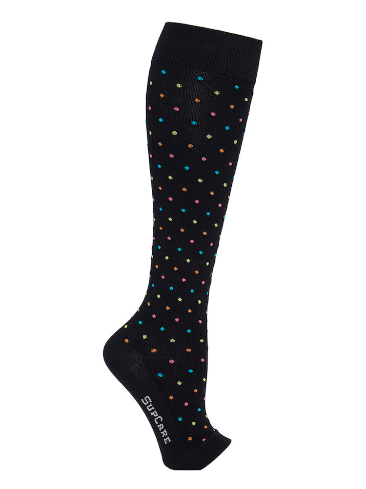 Cotton compression stockings, wide leg and open toe, black with dots