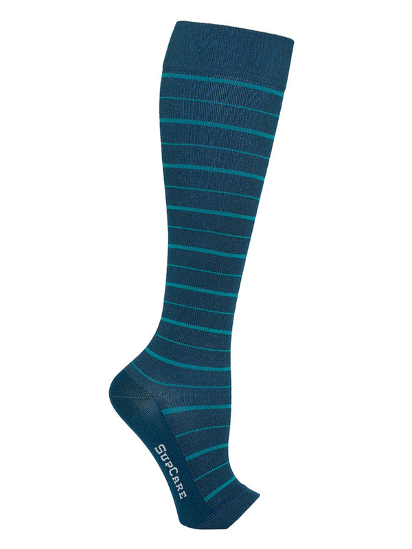 Bamboo compression stockings, open toe, blue with blue stripes