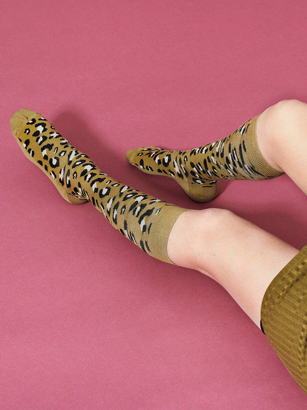 Cotton compression stockings, dusty green leopard