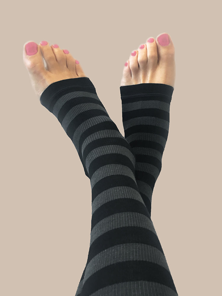 Cotton compression stockings, open toe, black and grey stripes