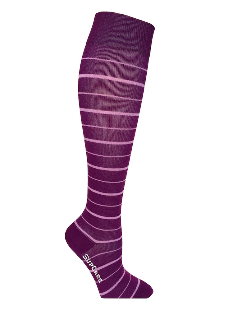 Bamboo compression stockings, purple with pink stripes
