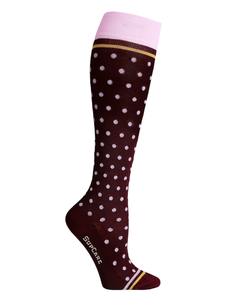 Bamboo compression stockings, bordeaux with pink dots