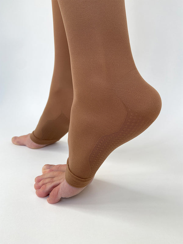 Medical stay-up compression tights with open toe, 140 denier, beige
