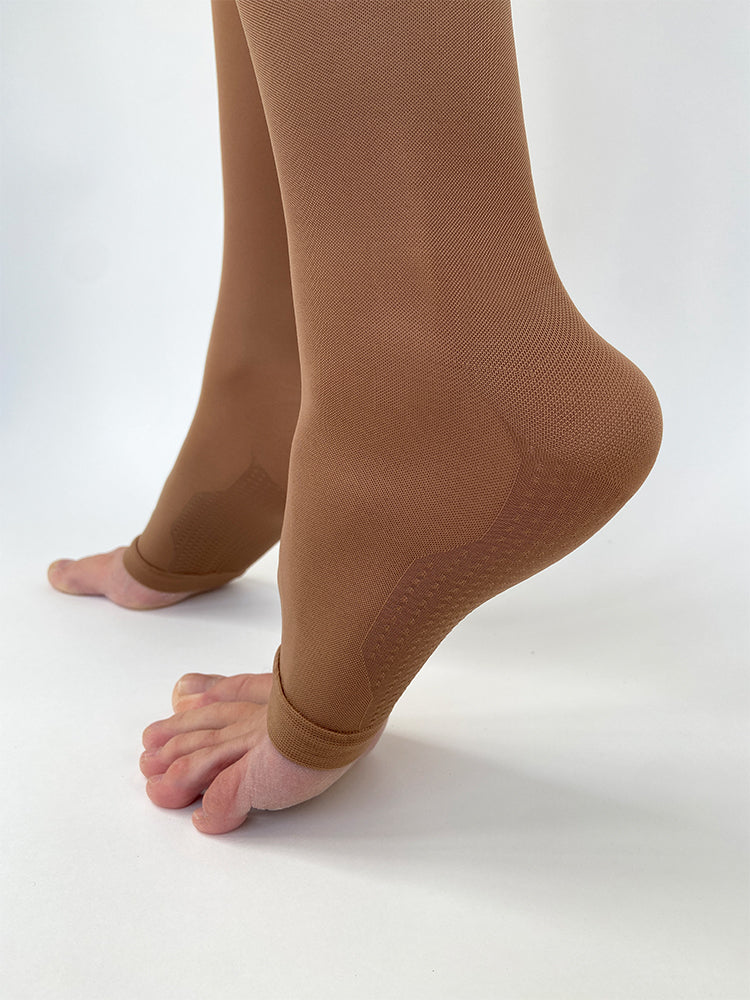 Medical compression tights with open toe, 140 denier, beige