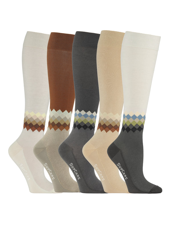 Wool compression stockings, gift box with 5 pairs, beige and grey mix