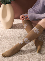 Bamboo compression stockings, beige with purple flowers