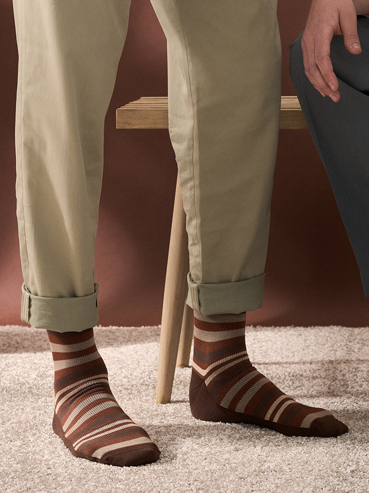 Cotton compression stockings, rust red and brown stripes