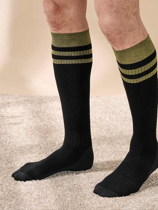 Bamboo compression stockings, black rib weave with green stripes