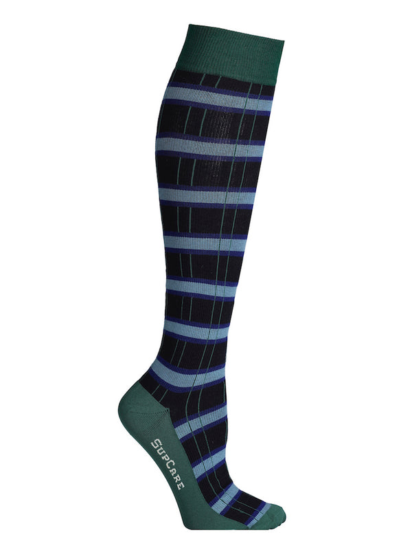 Cotton compression stockings, checkered blue and green