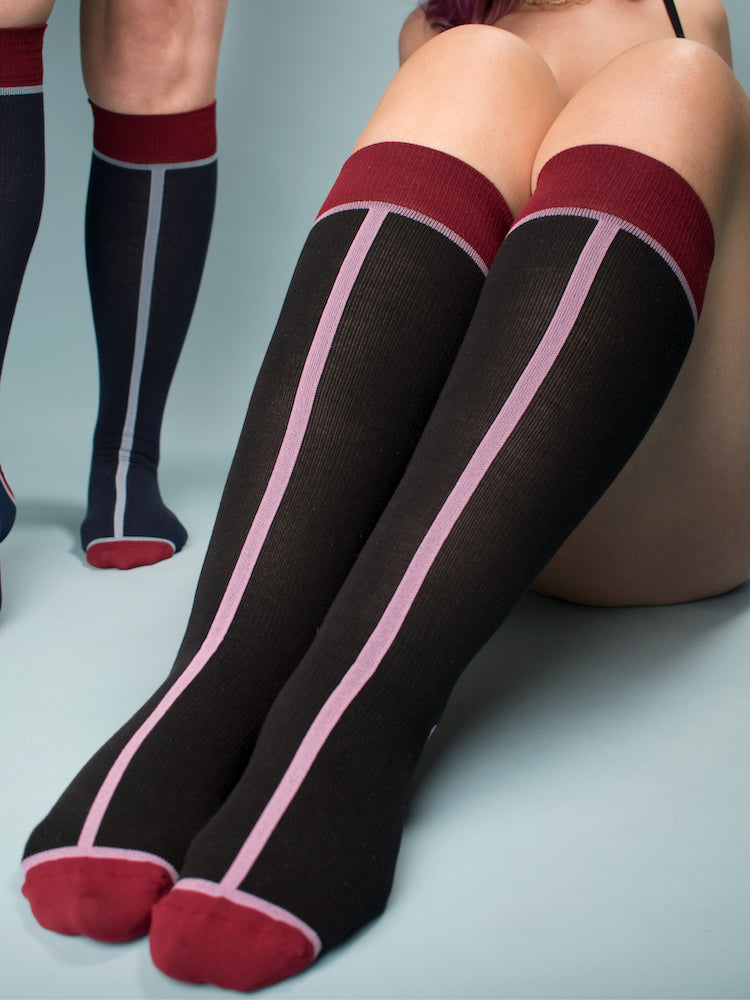 EcoCotton compression stockings, Pierre stripe, black with pink stripe